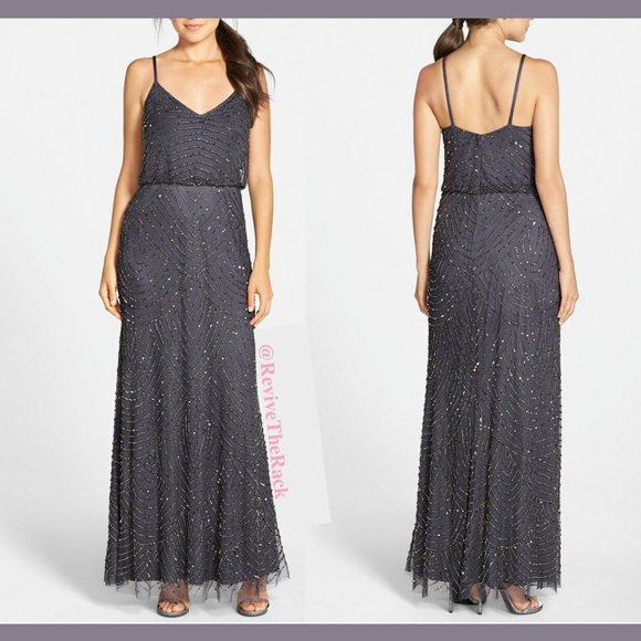 NEW Adrianna Papell Art Deco Beaded Blouson Gown in Gunmetal‎ [SZ 14 ] - Picture 2 of 9